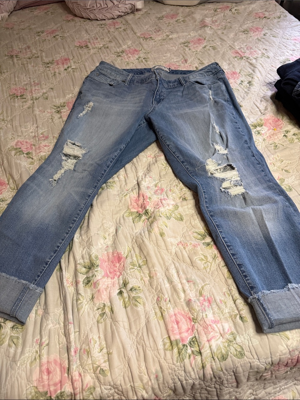 torrid Light Blue distressed lace detail Boyfriend Crop Jeans